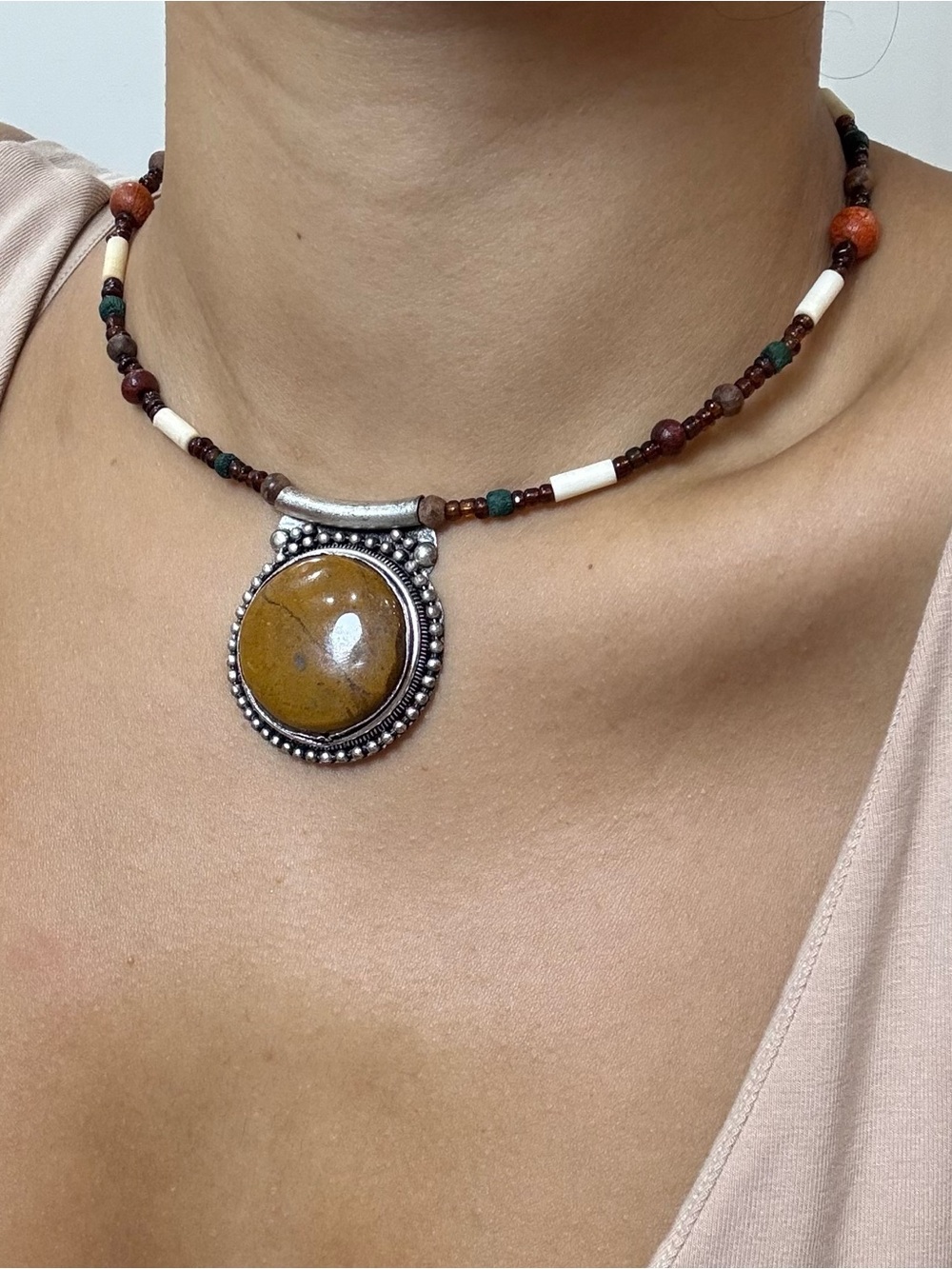 Handcrafted Brown Stone Pendant Beaded Necklace